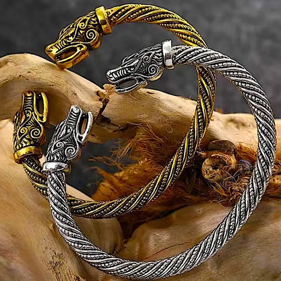 Gold Dragon Viking Head Vintage Norse Arm Band Cuff Bangle Bracelet - Picture 2 of 4